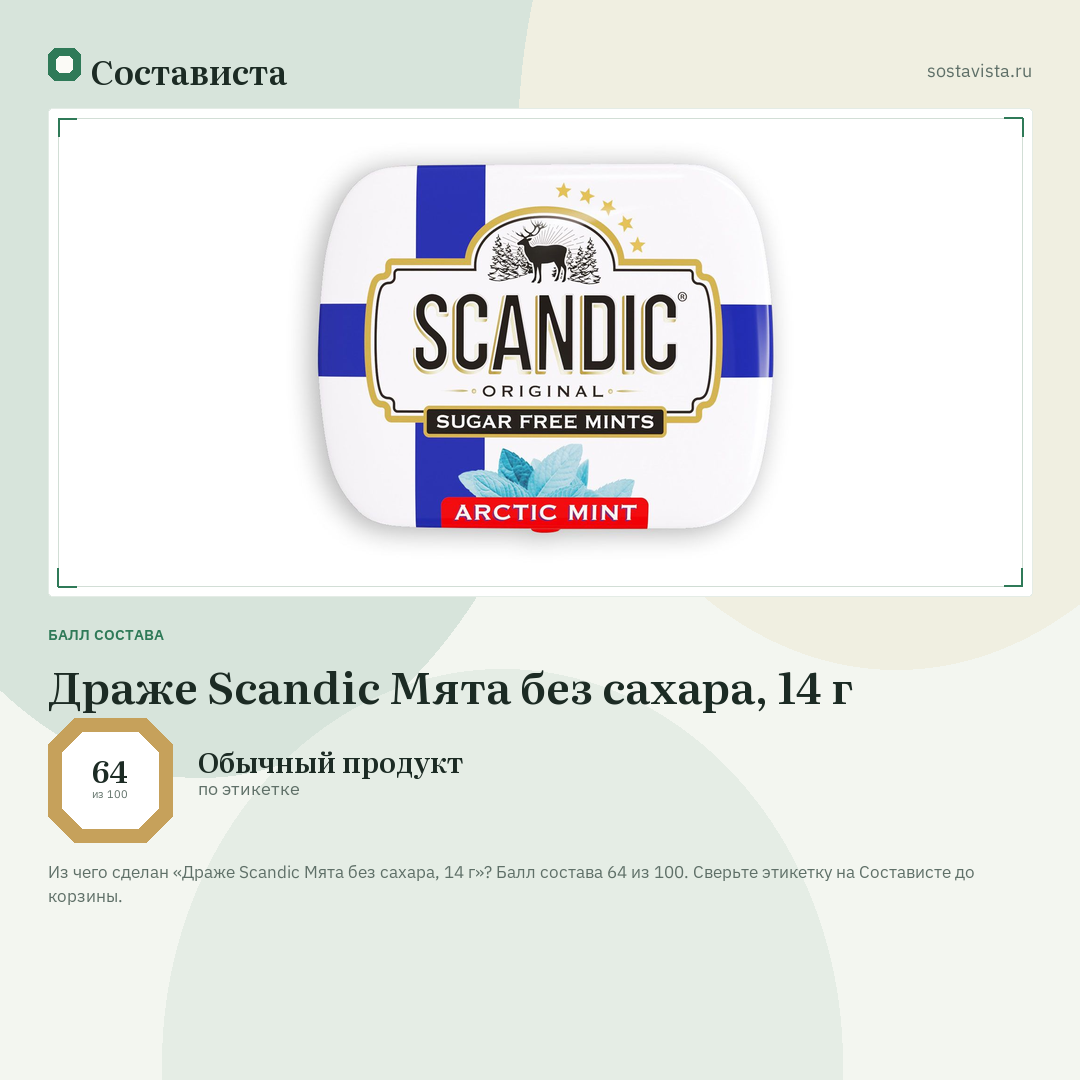 Драже Scandic Мята без сахара, 14 г: балл состава 64 из 100 — Состависта