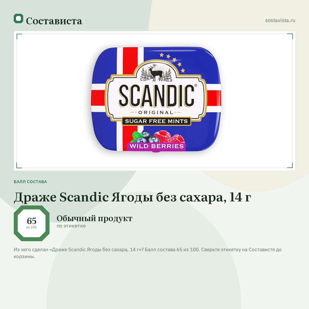Драже Scandic Ягоды без сахара, 14 г: балл состава 65 из 100 — Состависта