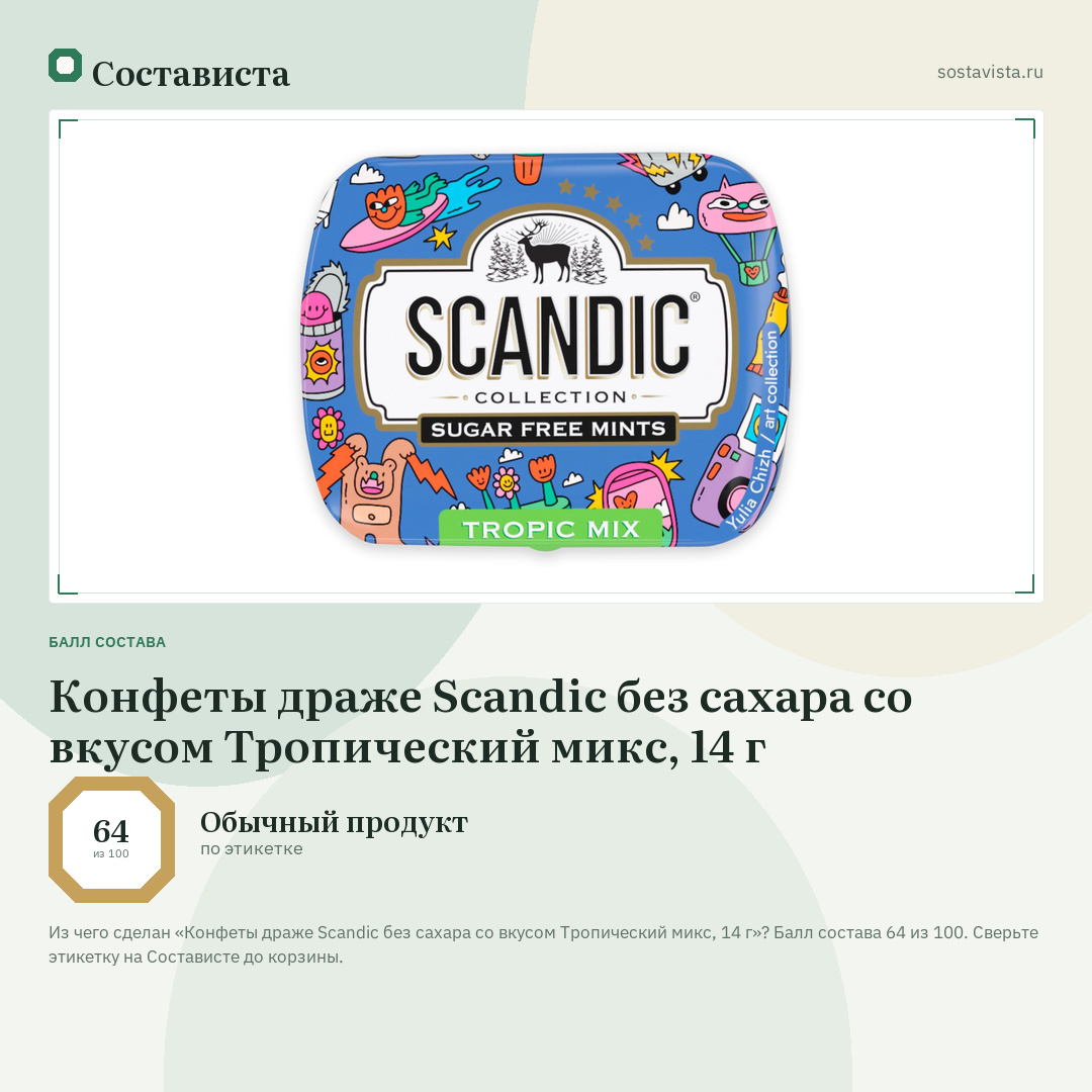 Конфеты драже Scandic без сахара со вкусом Тропический микс, 14 г: балл состава 64 из 100 — Состависта