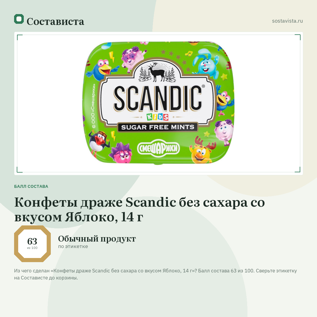 Конфеты драже Scandic без сахара со вкусом Яблоко, 14 г: балл состава 63 из 100 — Состависта