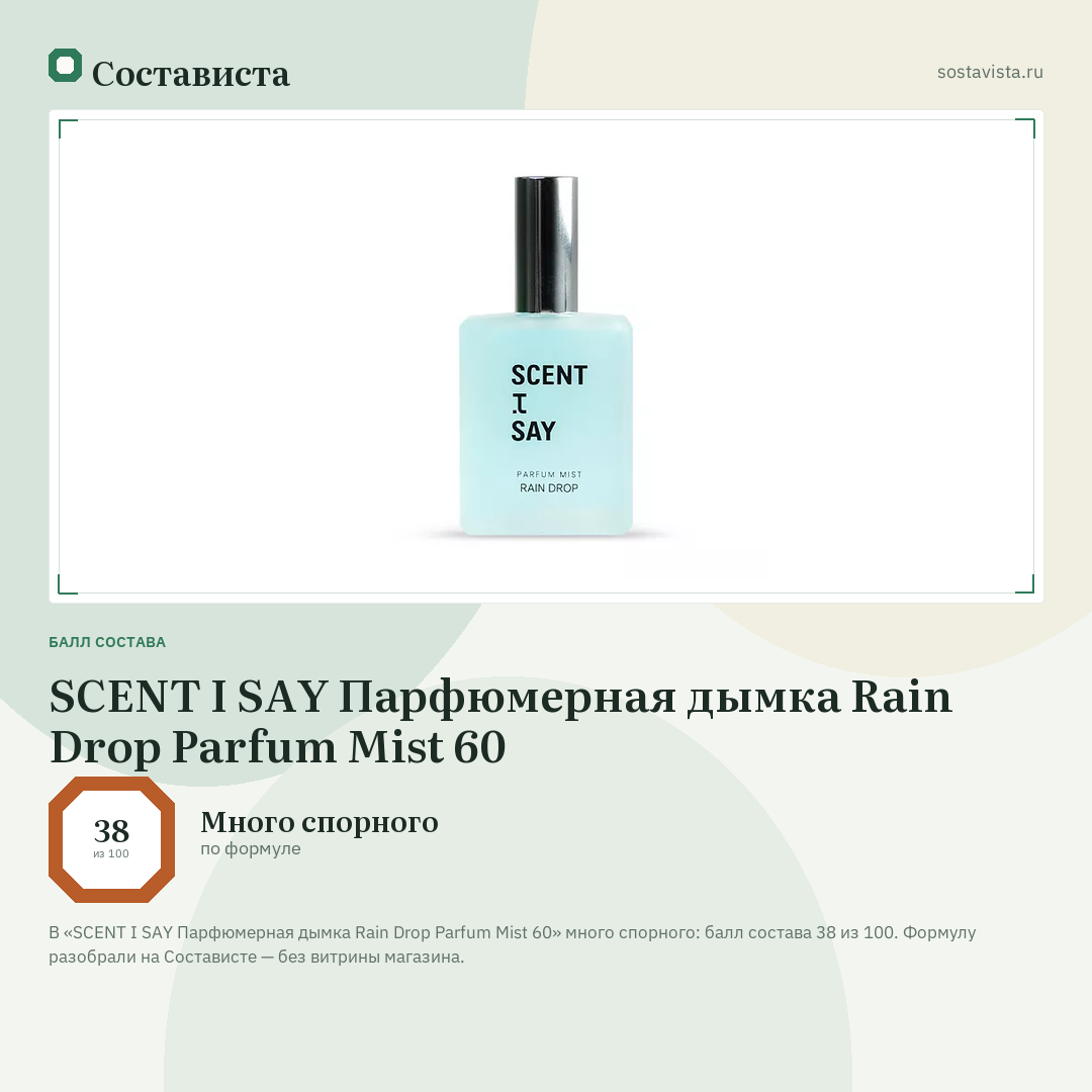 SCENT I SAY Парфюмерная дымка Rain Drop Parfum Mist 60: балл состава 38 из 100 — Состависта