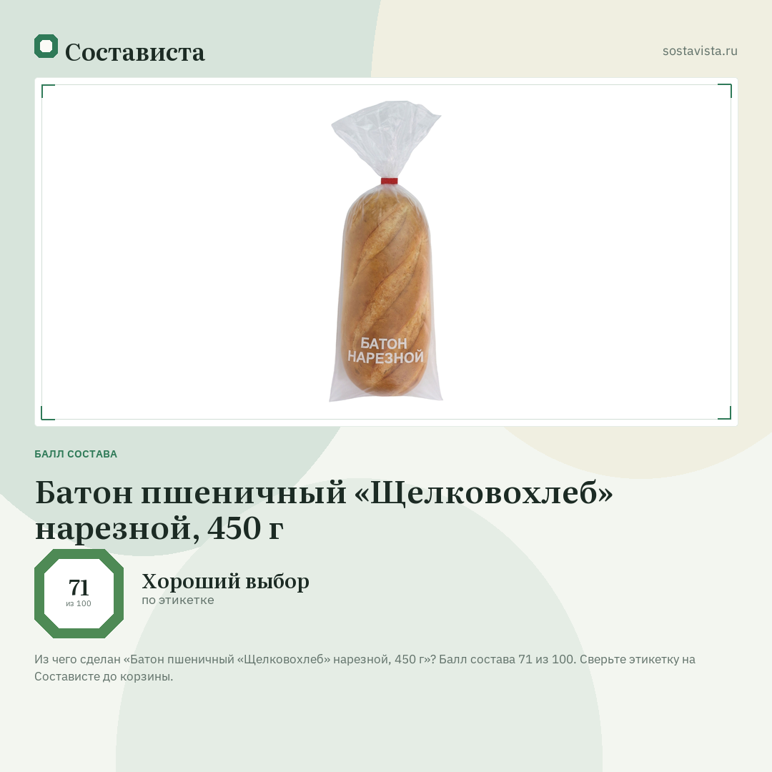 Батон пшеничный «Щелковохлеб» нарезной, 450 г: балл состава 71 из 100 — Состависта