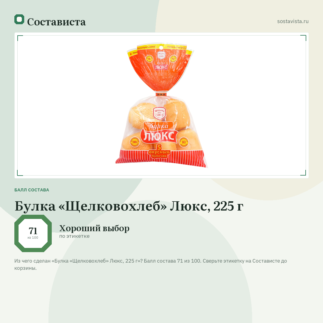 Булка «Щелковохлеб» Люкс, 225 г: балл состава 71 из 100 — Состависта