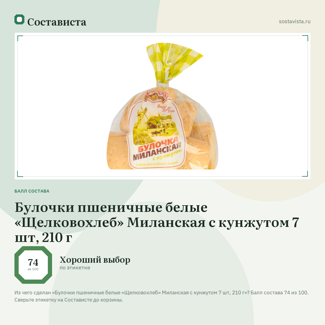 Булочки пшеничные белые «Щелковохлеб» Миланская с кунжутом 7 шт, 210 г: балл состава 74 из 100 — Состависта