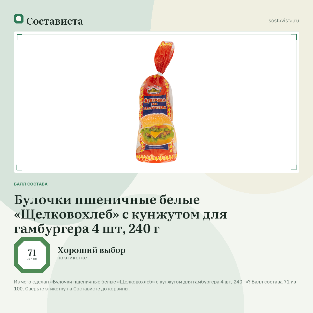 Булочки пшеничные белые «Щелковохлеб» с кунжутом для гамбургера 4 шт, 240 г: балл состава 71 из 100 — Состависта