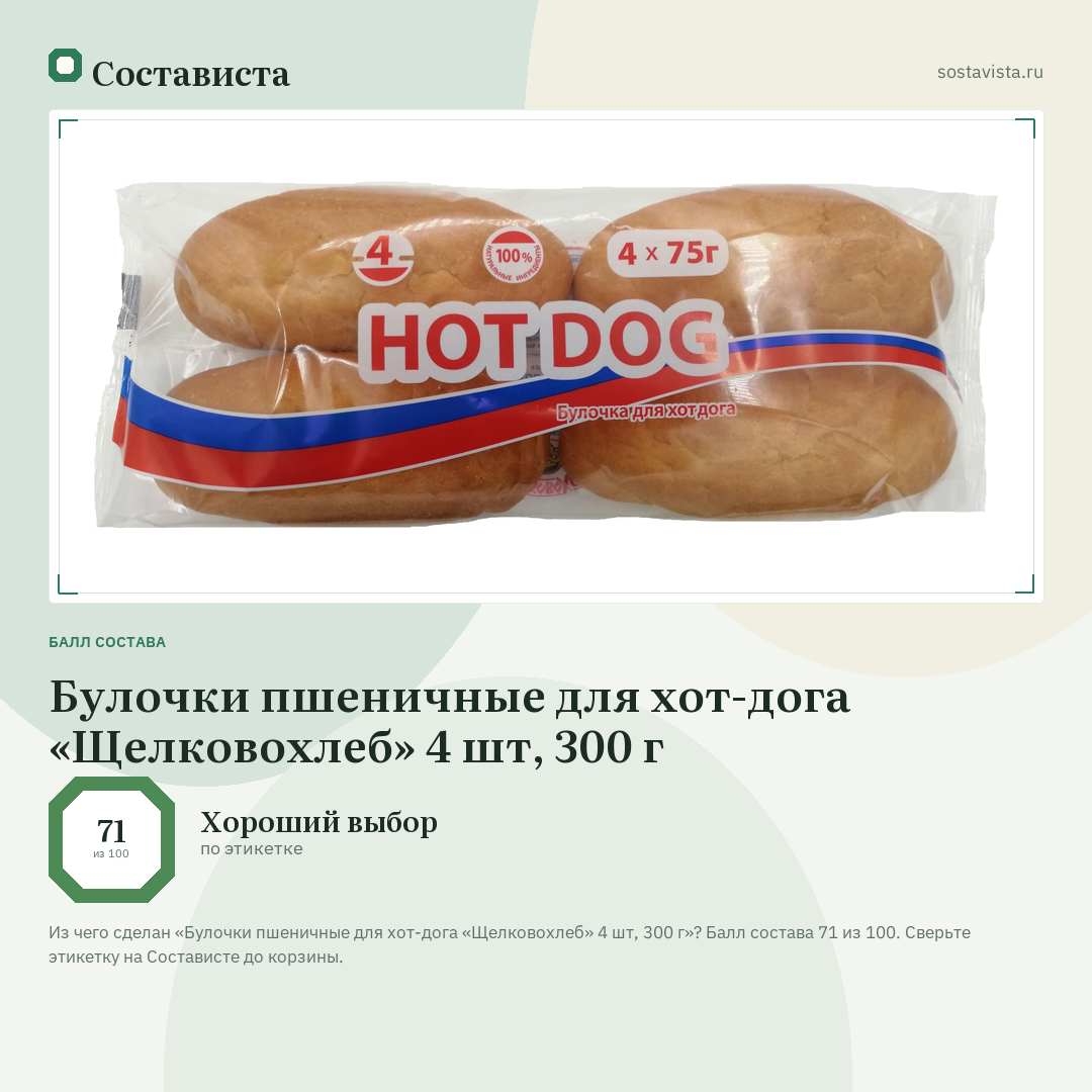 Булочки пшеничные для хот-дога «Щелковохлеб» 4 шт, 300 г: балл состава 71 из 100 — Состависта