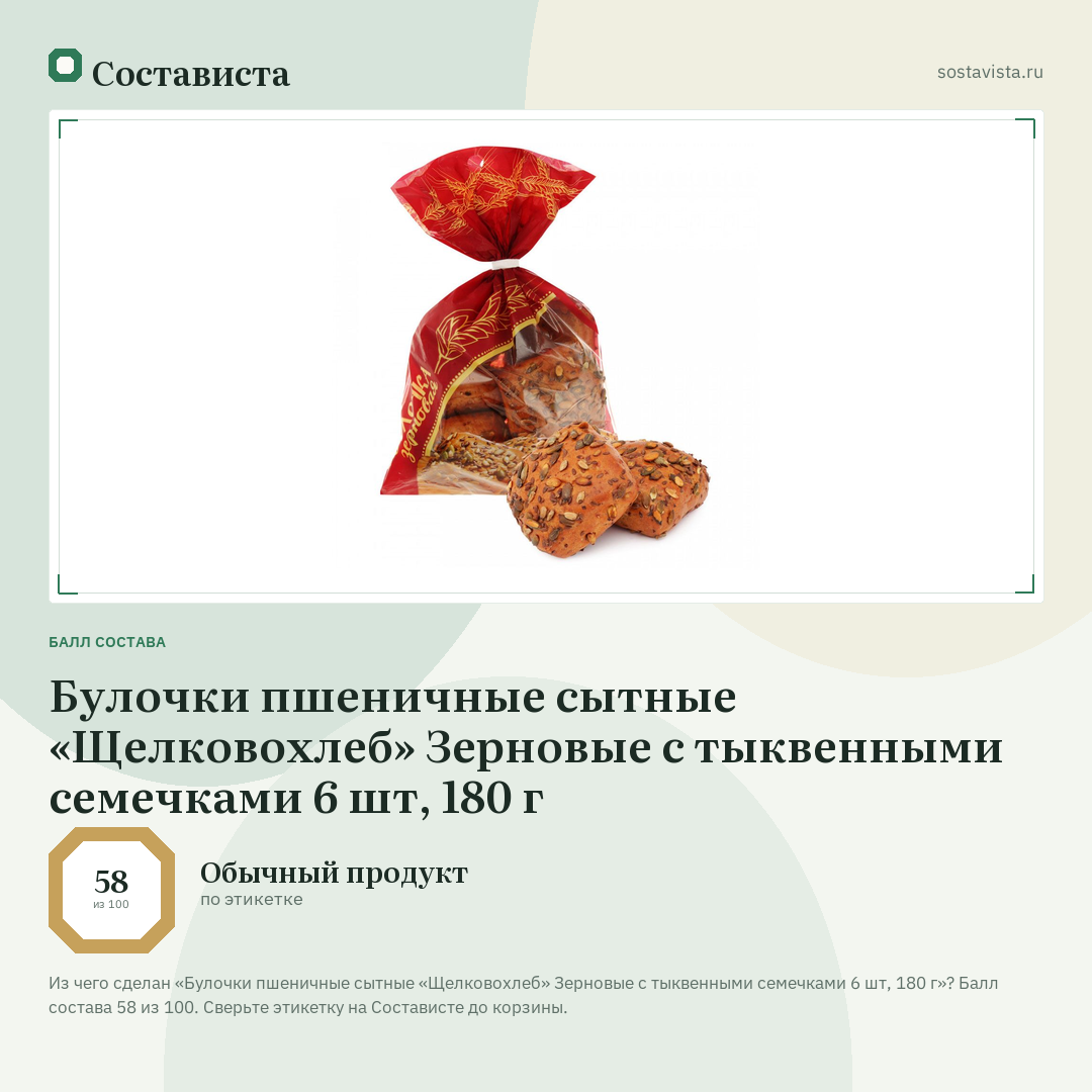 Булочки пшеничные сытные «Щелковохлеб» Зерновые с тыквенными семечками 6 шт, 180 г: балл состава 58 из 100 — Состависта