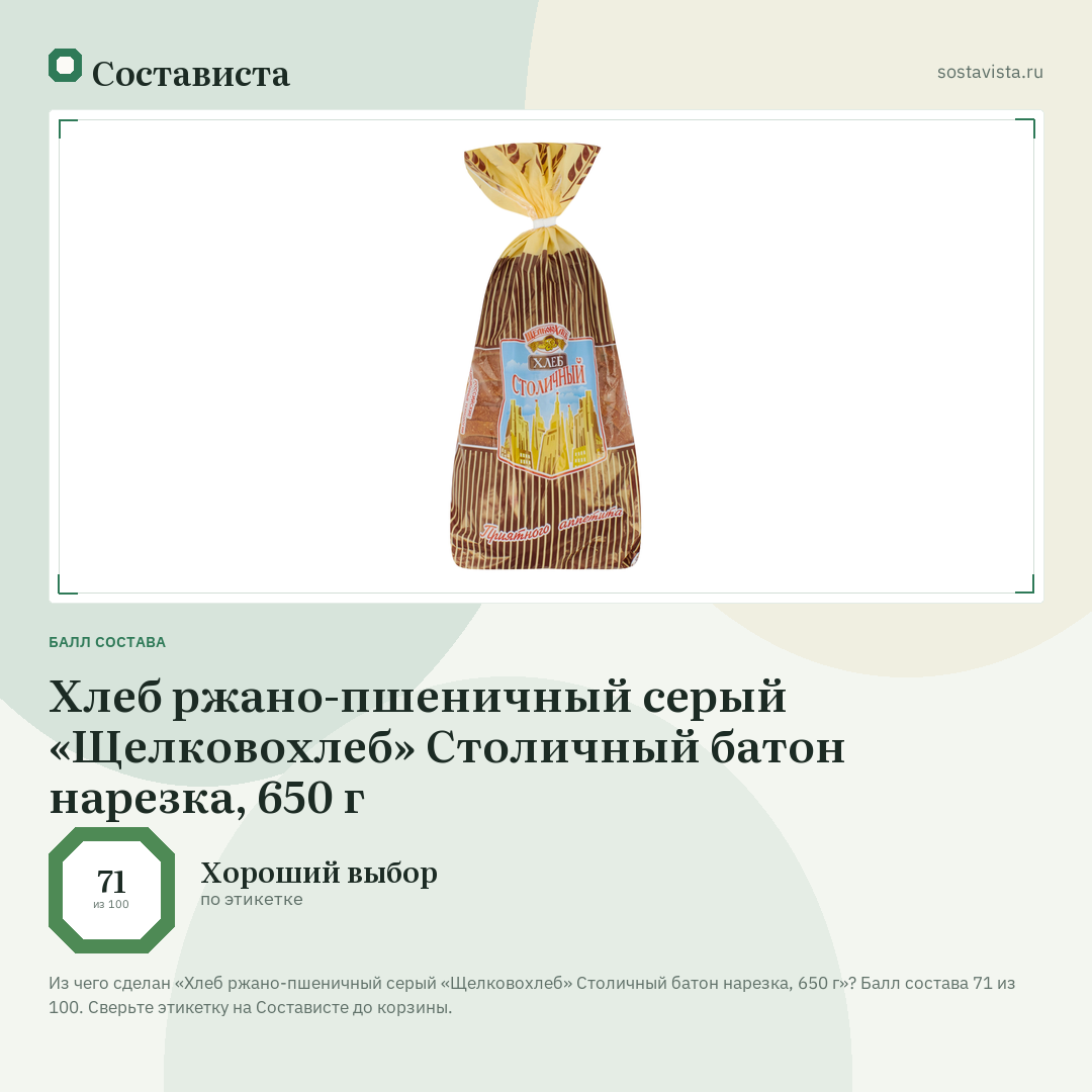Хлеб ржано-пшеничный серый «Щелковохлеб» Столичный батон нарезка, 650 г: балл состава 71 из 100 — Состависта