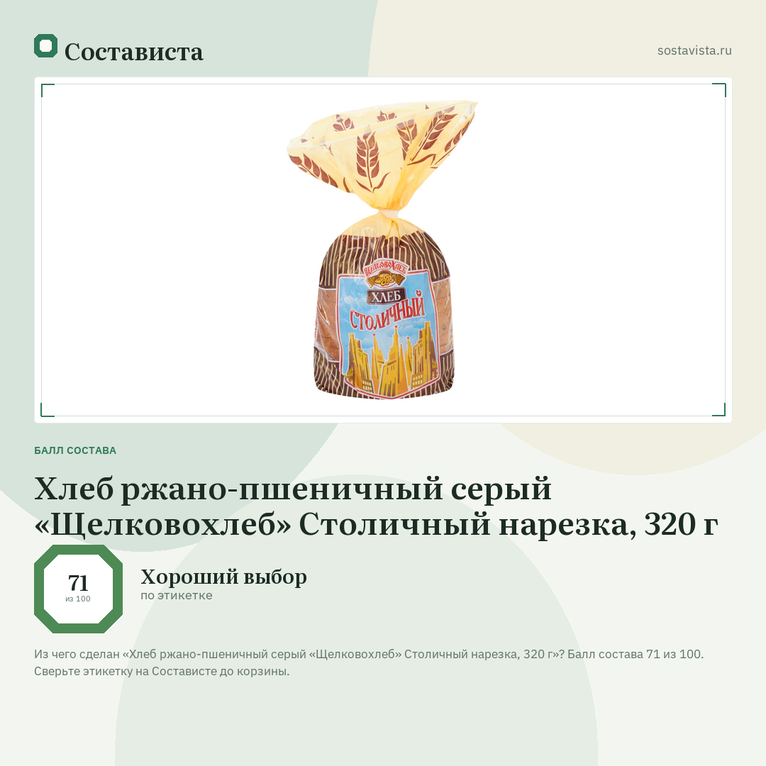 Хлеб ржано-пшеничный серый «Щелковохлеб» Столичный нарезка, 320 г: балл состава 71 из 100 — Состависта