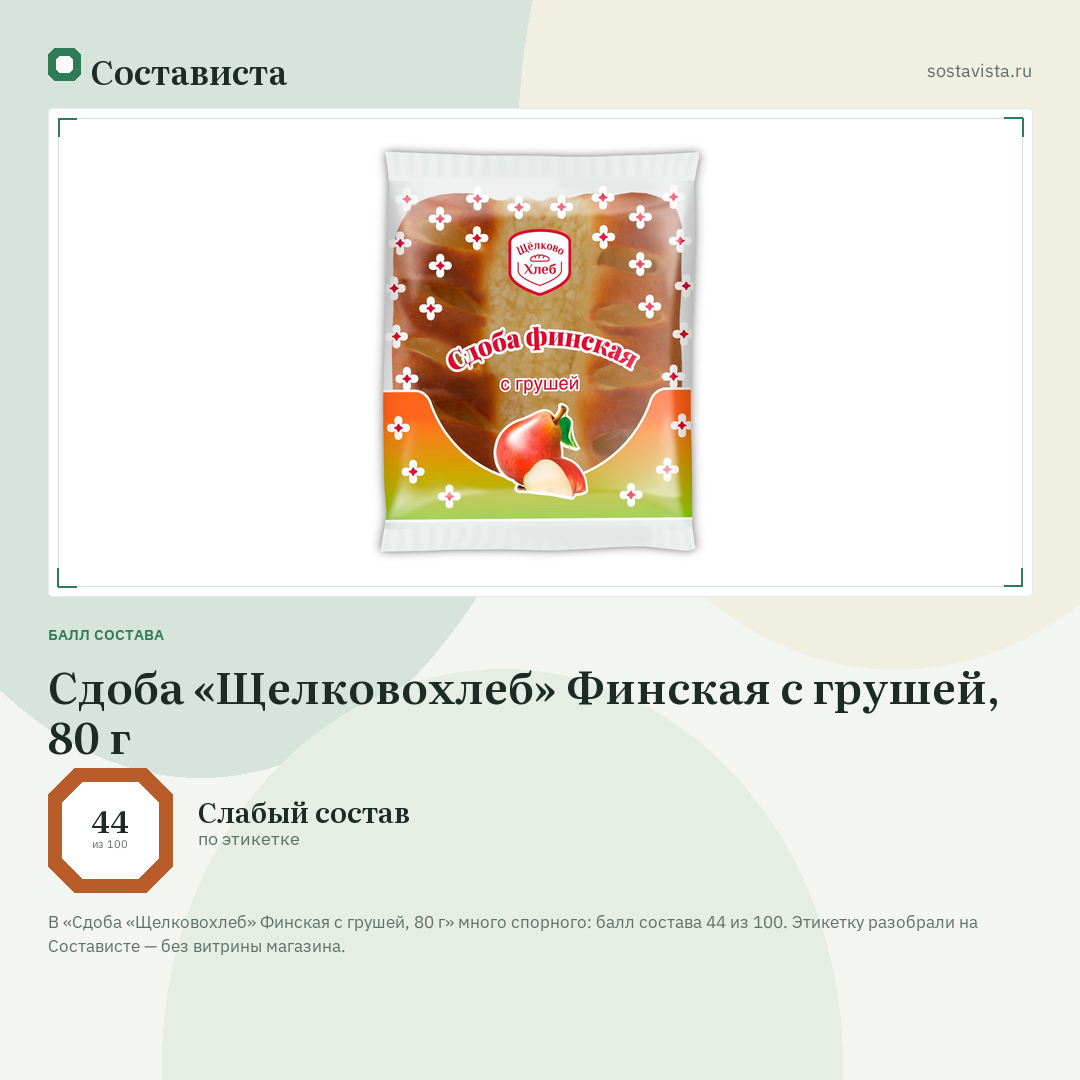Сдоба «Щелковохлеб» Финская с грушей, 80 г: балл состава 44 из 100 — Состависта
