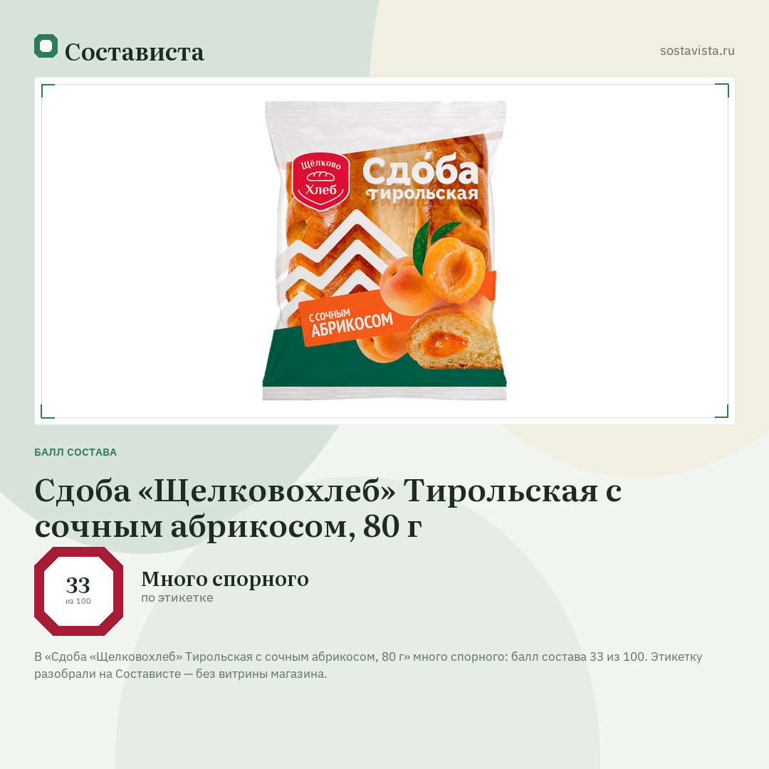 Сдоба «Щелковохлеб» Тирольская с сочным абрикосом, 80 г: балл состава 33 из 100 — Состависта