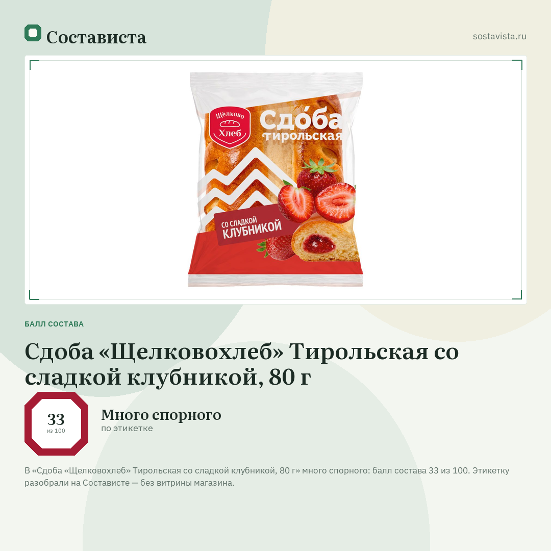 Сдоба «Щелковохлеб» Тирольская со сладкой клубникой, 80 г: балл состава 33 из 100 — Состависта