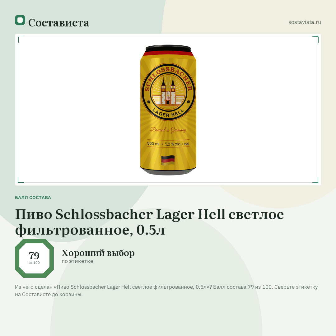 Пиво Schlossbacher Lager Hell светлое фильтрованное, 0.5л: балл состава 79 из 100 — Состависта