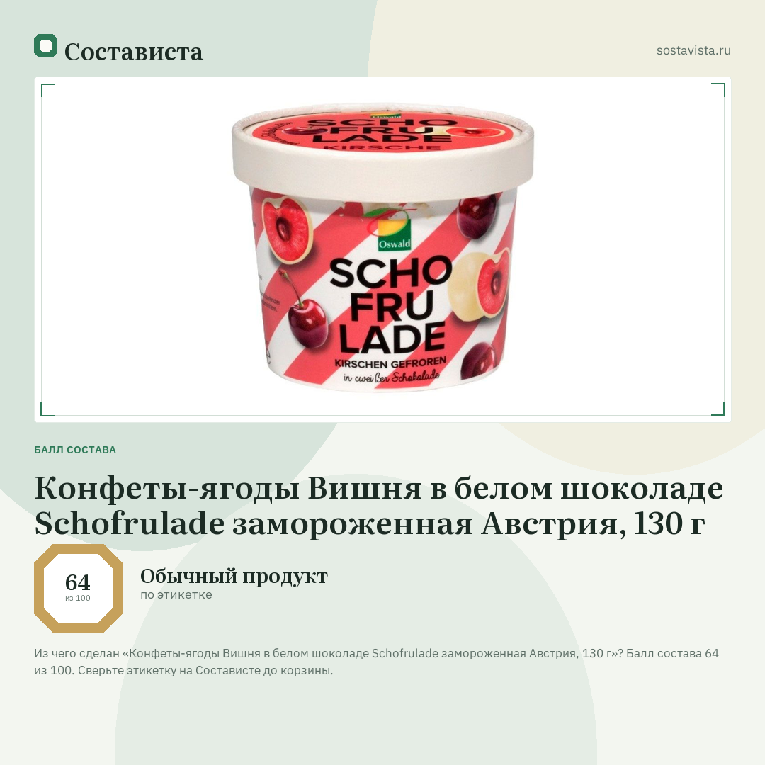 Конфеты-ягоды Вишня в белом шоколаде Schofrulade замороженная Австрия, 130 г: балл состава 64 из 100 — Состависта