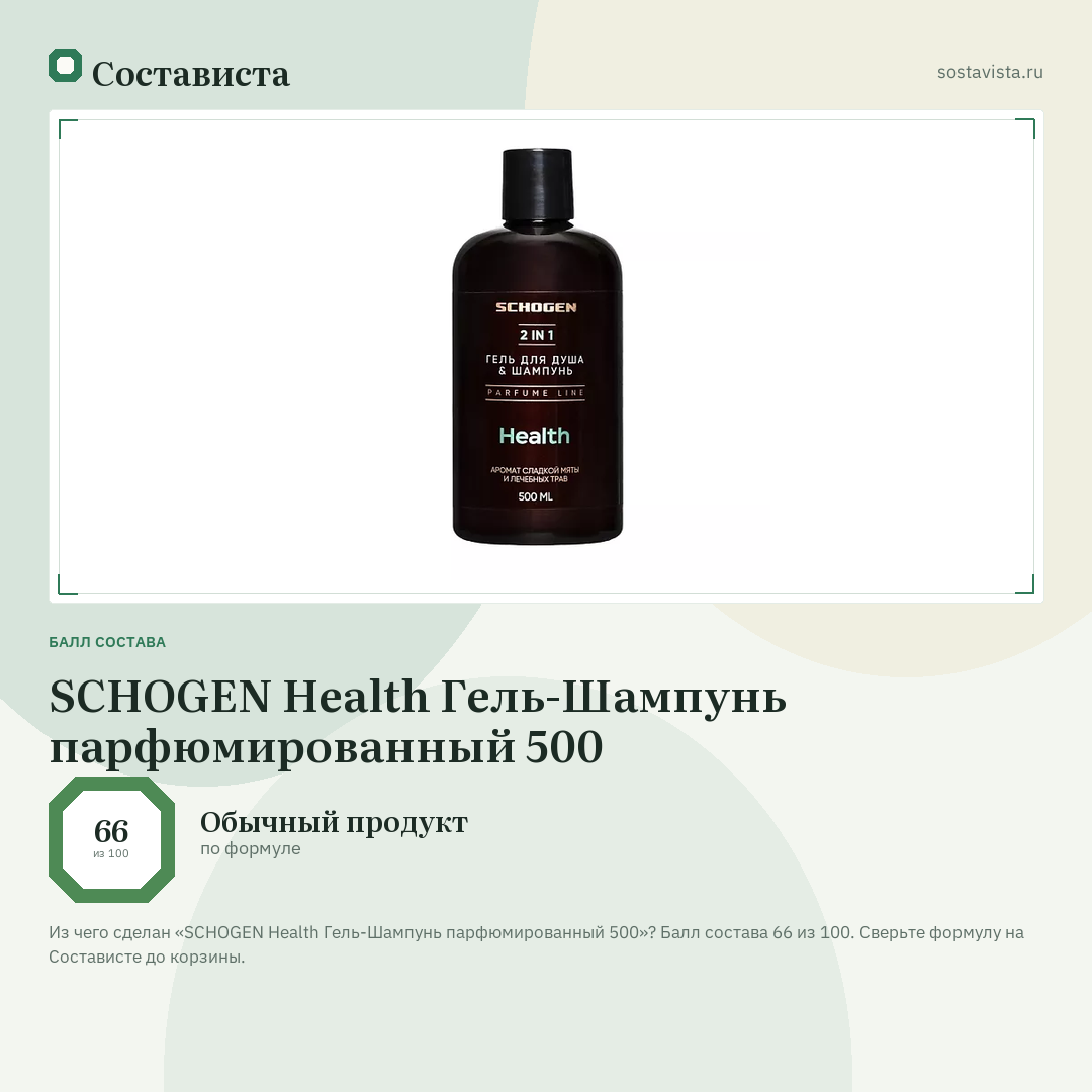 SCHOGEN Health Гель-Шампунь парфюмированный 500: балл состава 66 из 100 — Состависта
