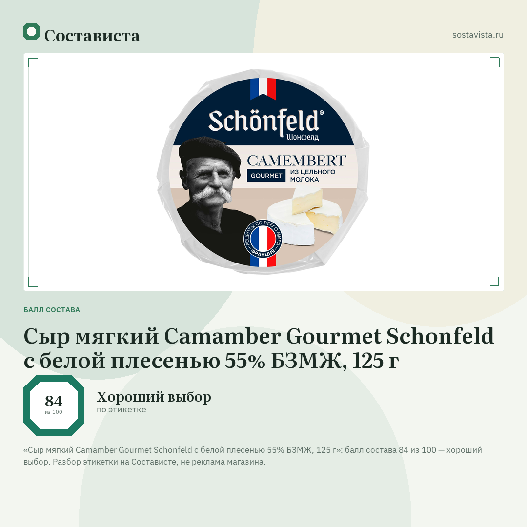 Сыр мягкий Camamber Gourmet Schonfeld с белой плесенью 55% БЗМЖ, 125 г: балл состава 84 из 100 — Состависта