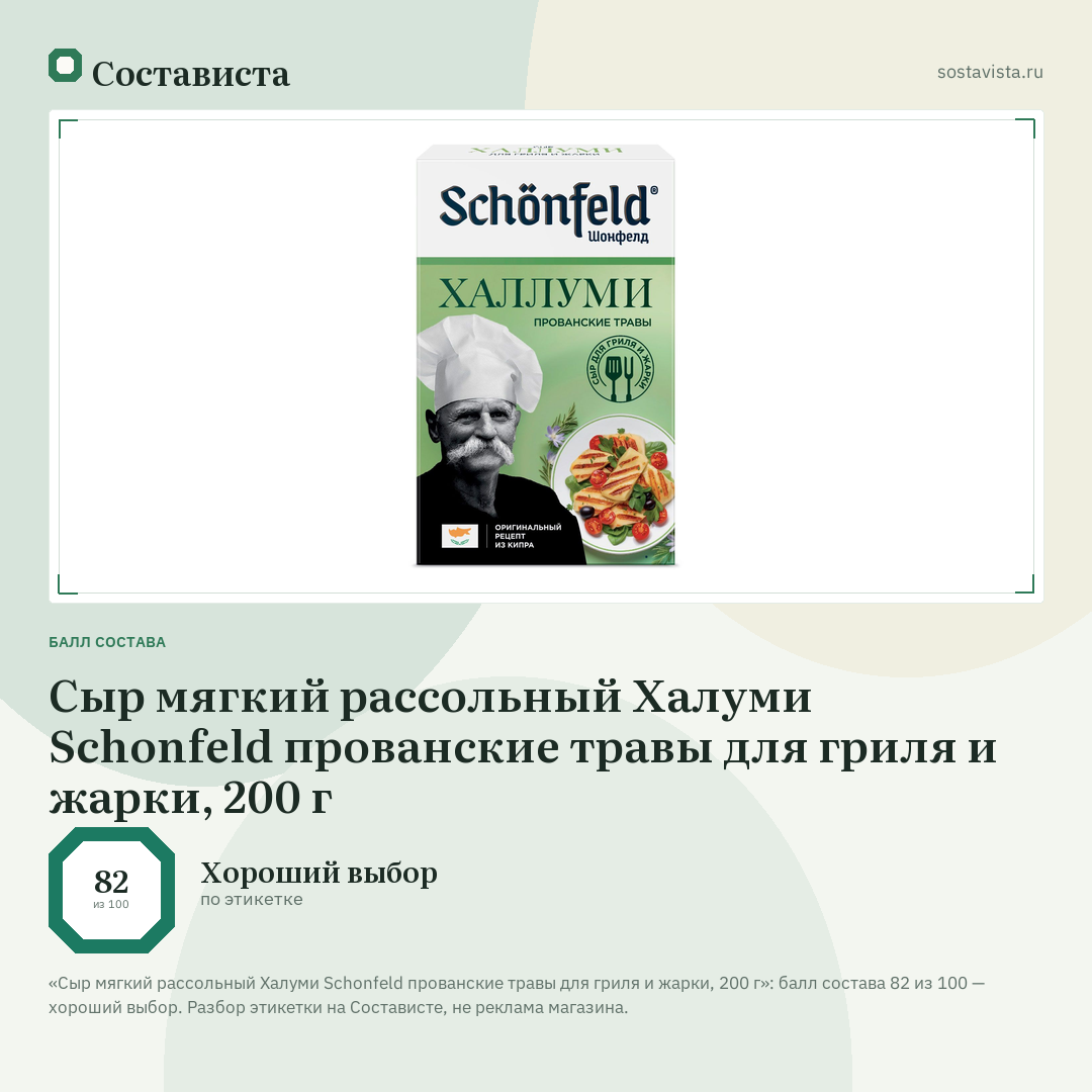 Сыр мягкий рассольный Халуми Schonfeld прованские травы для гриля и жарки, 200 г: балл состава 82 из 100 — Состависта