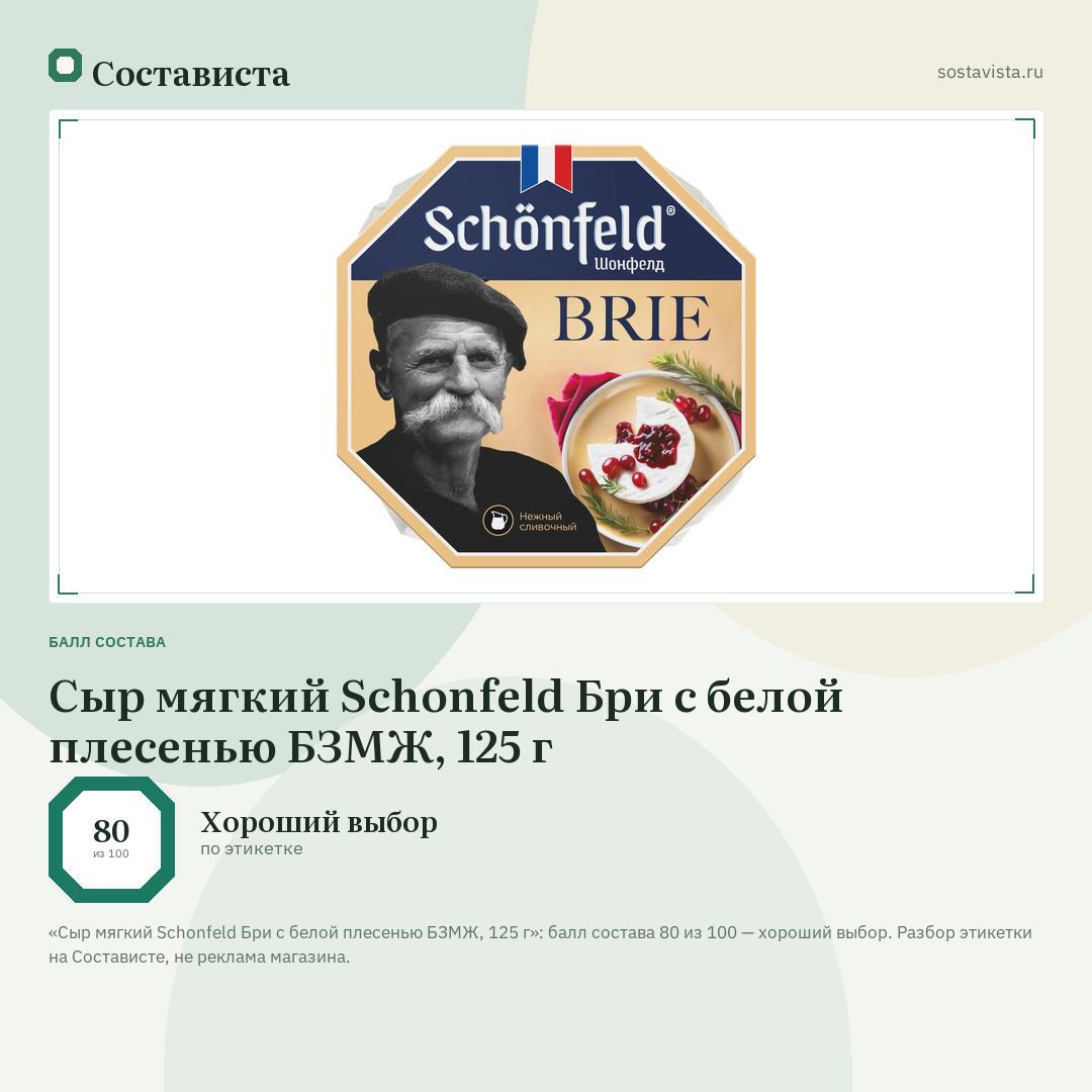 Сыр мягкий Schonfeld Бри с белой плесенью БЗМЖ, 125 г: балл состава 80 из 100 — Состависта
