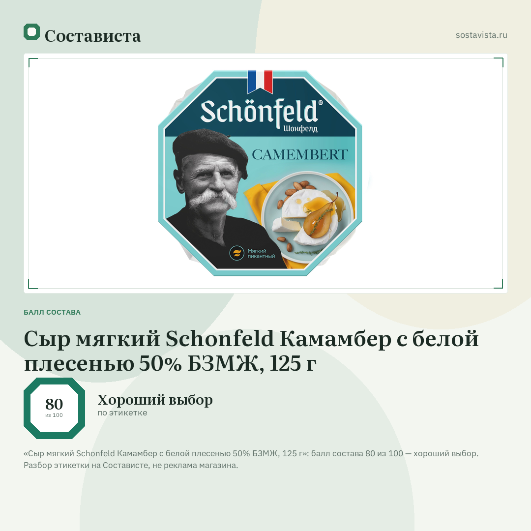 Сыр мягкий Schonfeld Камамбер с белой плесенью 50% БЗМЖ, 125 г: балл состава 80 из 100 — Состависта