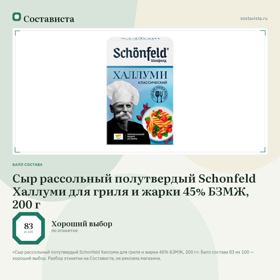 Сыр рассольный полутвердый Schonfeld Халлуми для гриля и жарки 45% БЗМЖ, 200 г: балл состава 83 из 100 — Состависта