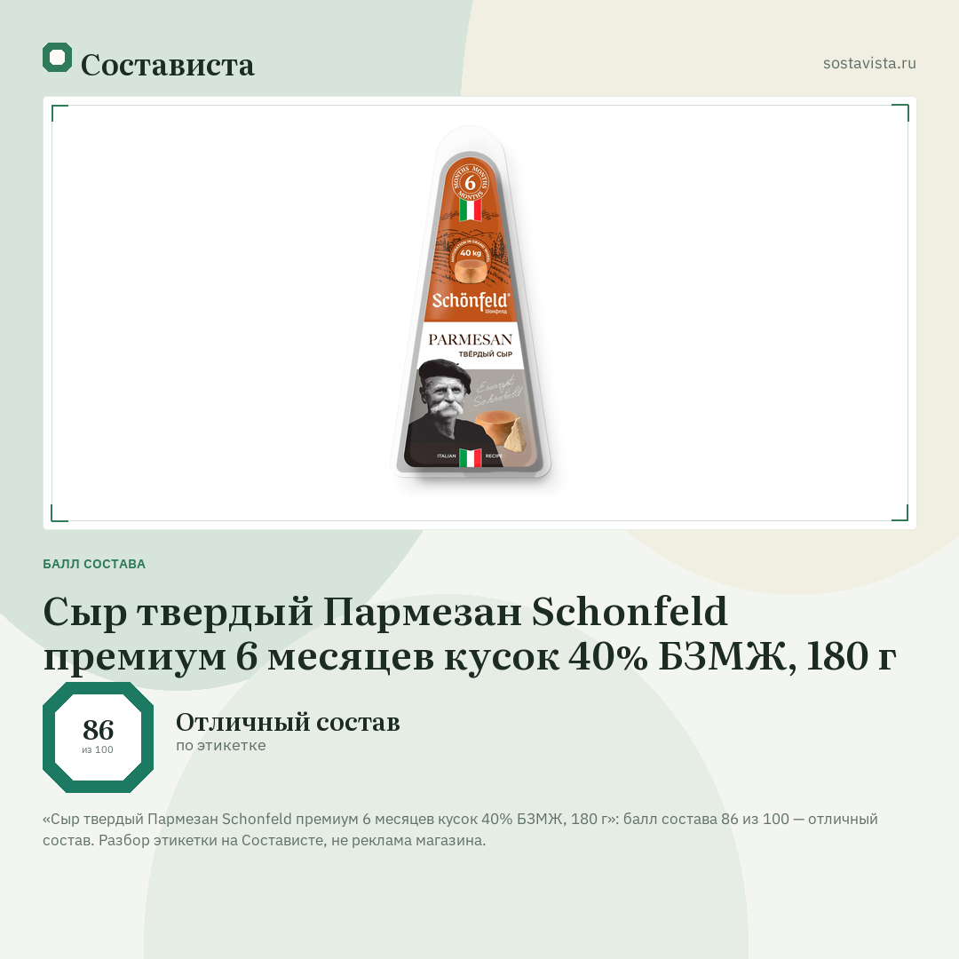 Сыр твердый Пармезан Schonfeld премиум 6 месяцев кусок 40% БЗМЖ, 180 г: балл состава 86 из 100 — Состависта
