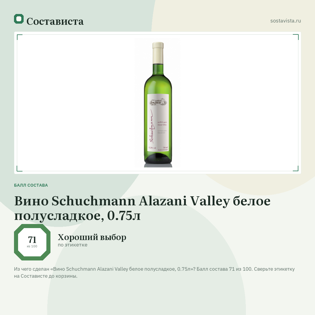 Вино Schuchmann Alazani Valley белое полусладкое, 0.75л: балл состава 71 из 100 — Состависта
