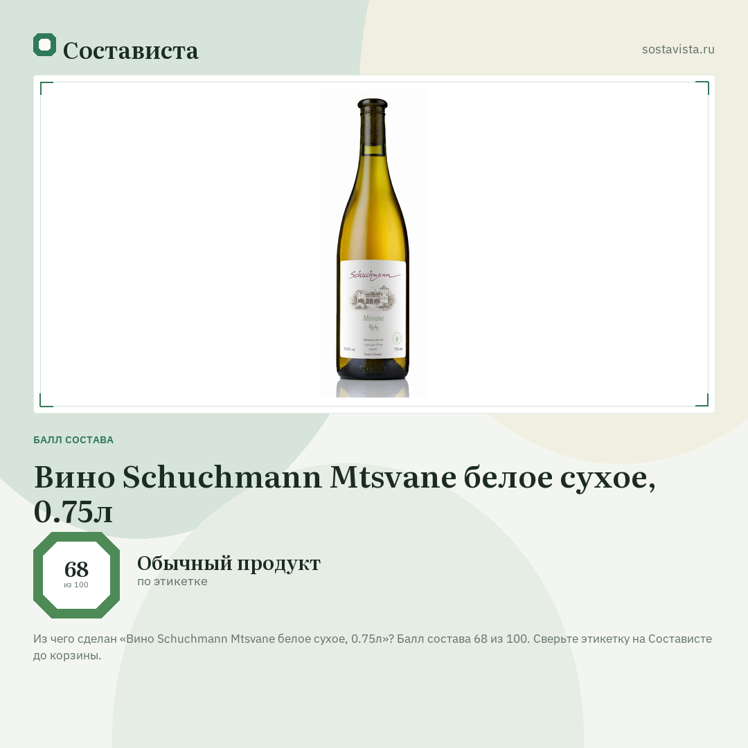 Вино Schuchmann Mtsvane белое сухое, 0.75л: балл состава 68 из 100 — Состависта