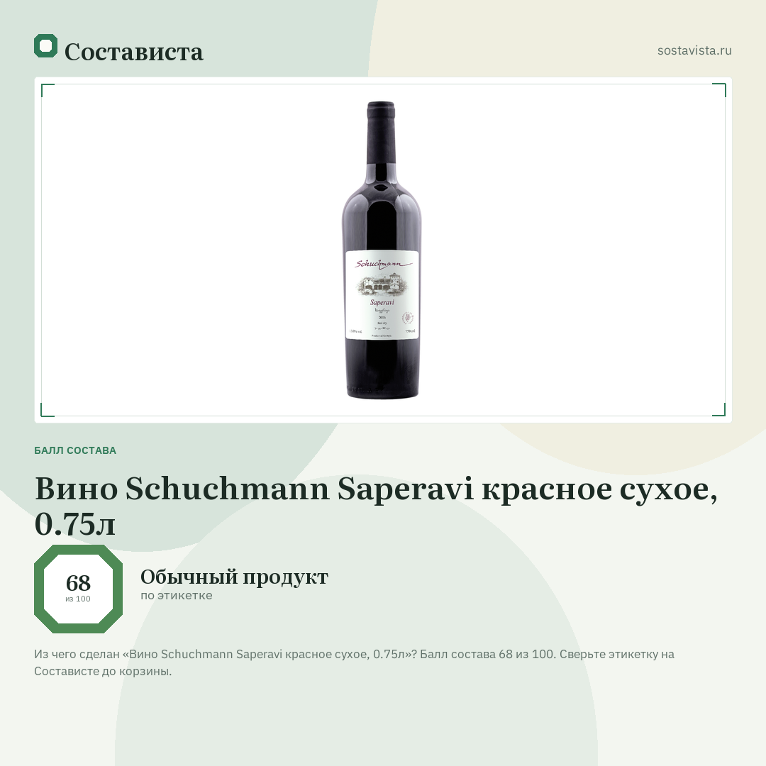 Вино Schuchmann Saperavi красное сухое, 0.75л: балл состава 68 из 100 — Состависта