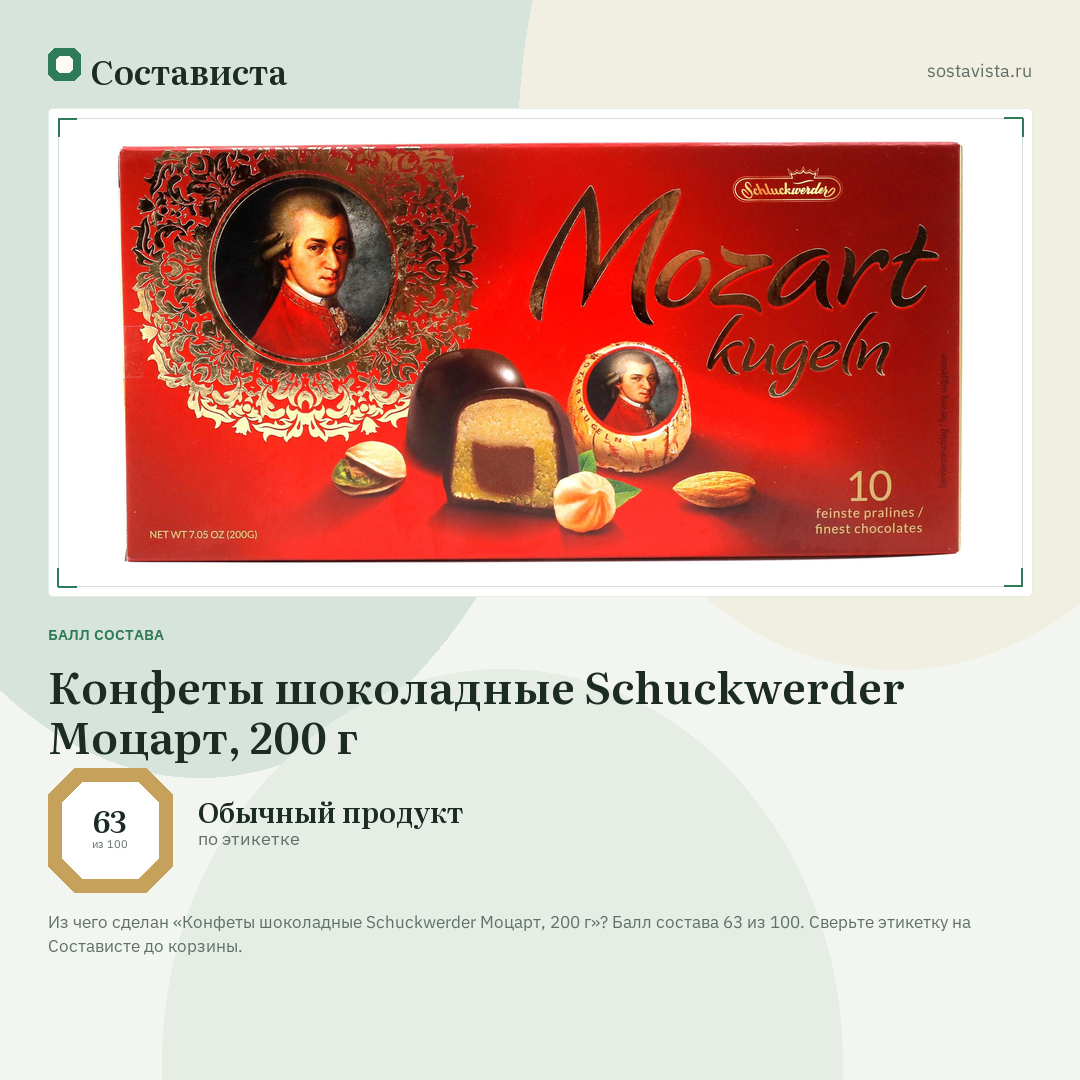 Конфеты шоколадные Schuckwerder Моцарт, 200 г: балл состава 63 из 100 — Состависта