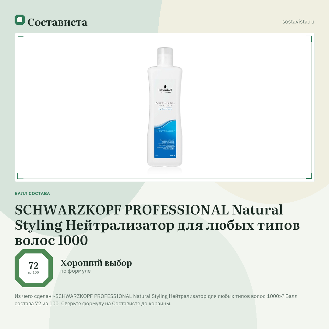 SCHWARZKOPF PROFESSIONAL Natural Styling Нейтрализатор для любых типов волос 1000: балл состава 72 из 100 — Состависта