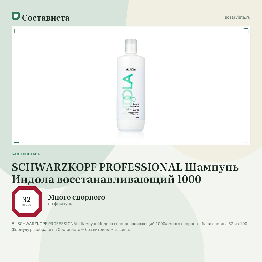 SCHWARZKOPF PROFESSIONAL Шампунь Индола восстанавливающий 1000: балл состава 32 из 100 — Состависта
