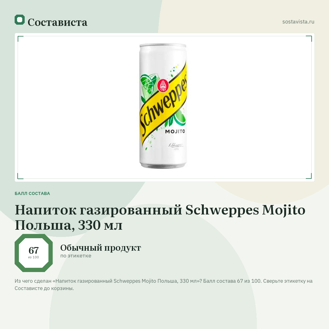 Напиток газированный Schweppes Mojito Польша, 330 мл: балл состава 67 из 100 — Состависта