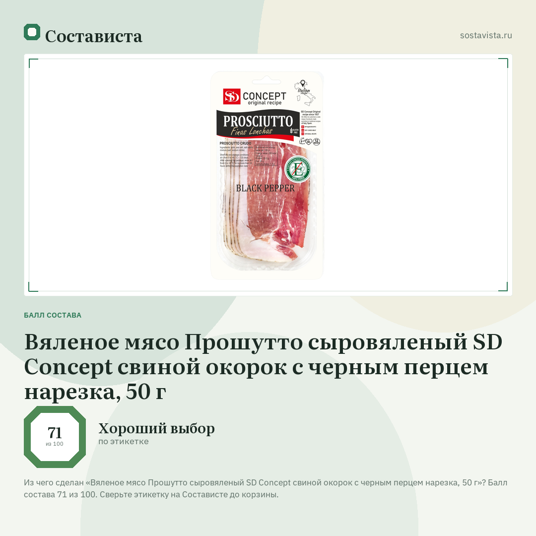 Вяленое мясо Прошутто сыровяленый SD Concept свиной окорок с черным перцем нарезка, 50 г: балл состава 71 из 100 — Состависта