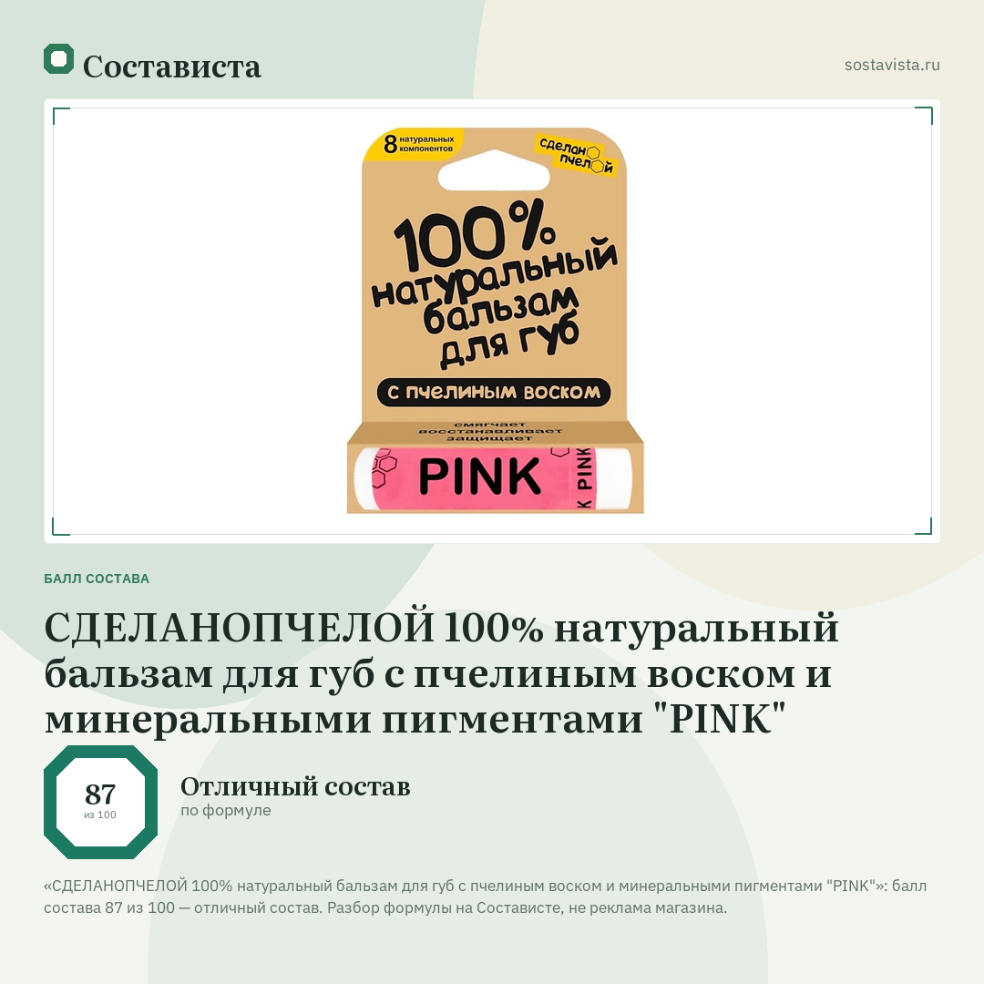 СДЕЛАНОПЧЕЛОЙ 100% натуральный бальзам для губ с пчелиным воском и минеральными пигментами "PINK": балл состава 87 из 100 — Состависта
