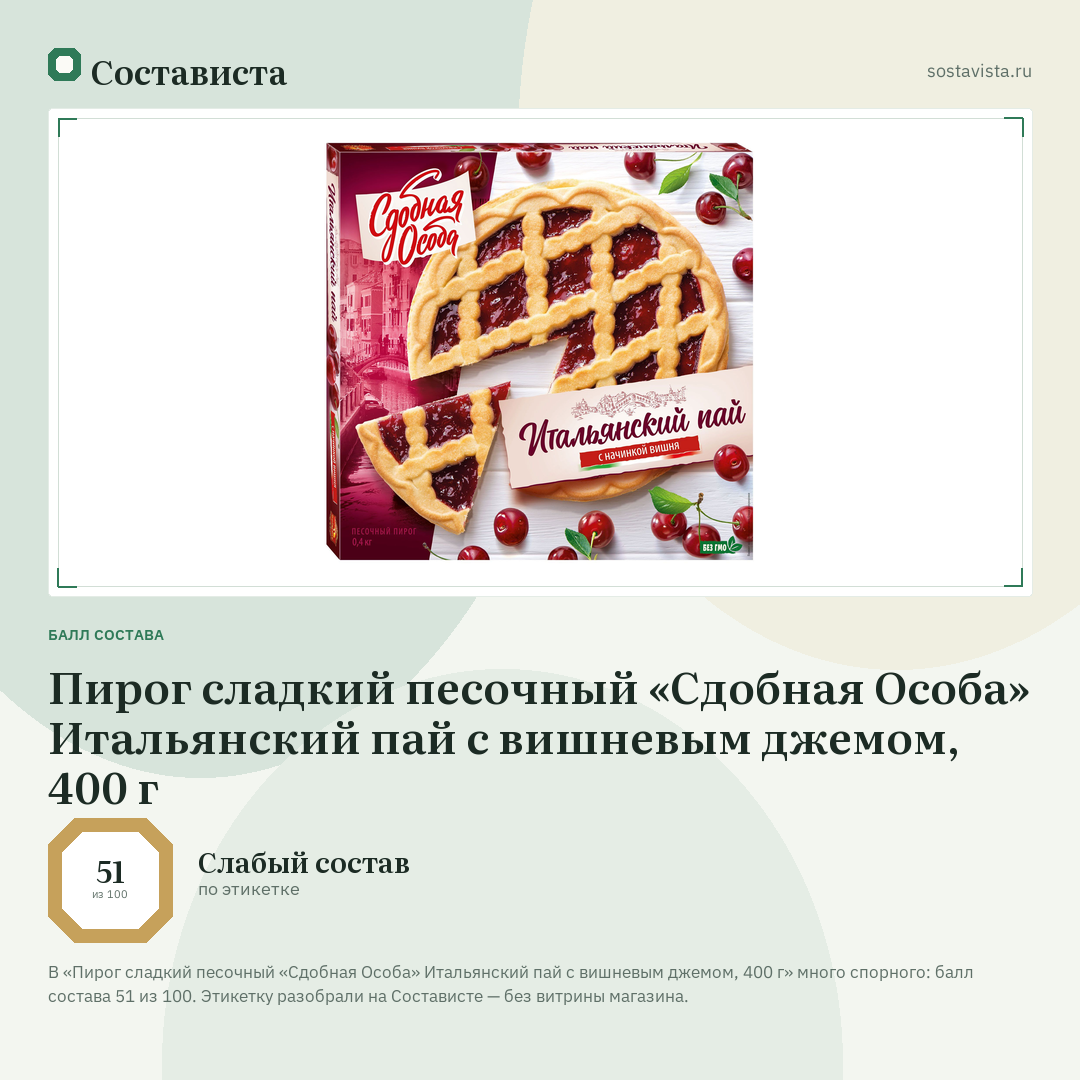 Пирог сладкий песочный «Сдобная Особа» Итальянский пай с вишневым джемом, 400 г: балл состава 51 из 100 — Состависта