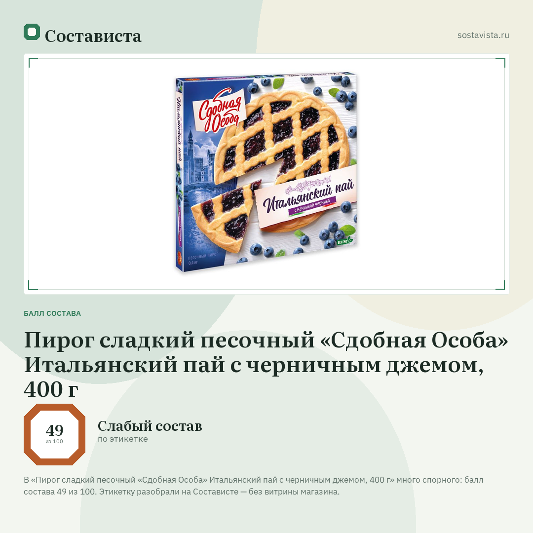 Пирог сладкий песочный «Сдобная Особа» Итальянский пай с черничным джемом, 400 г: балл состава 49 из 100 — Состависта