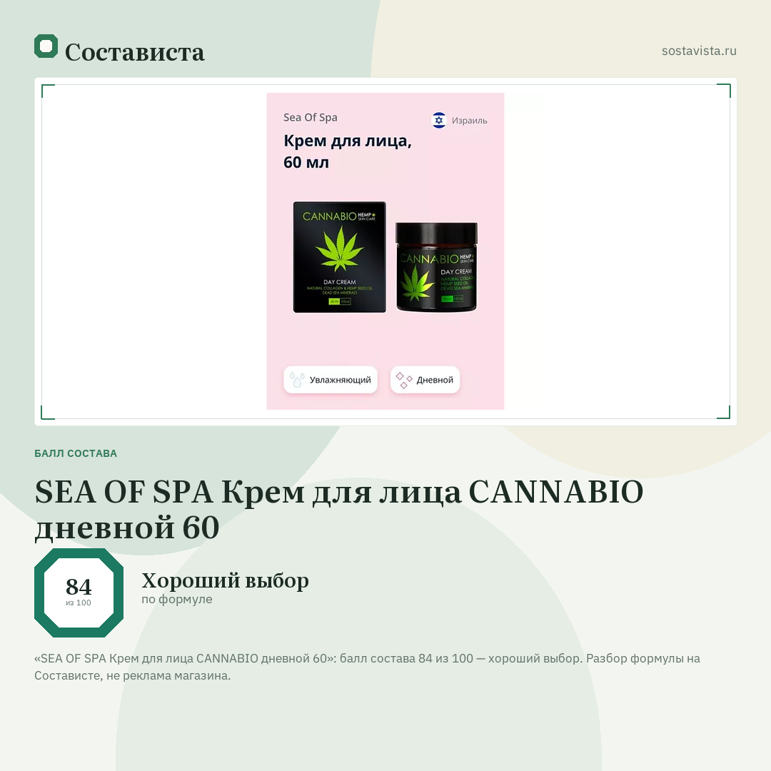SEA OF SPA Крем для лица CANNABIO дневной 60: балл состава 84 из 100 — Состависта