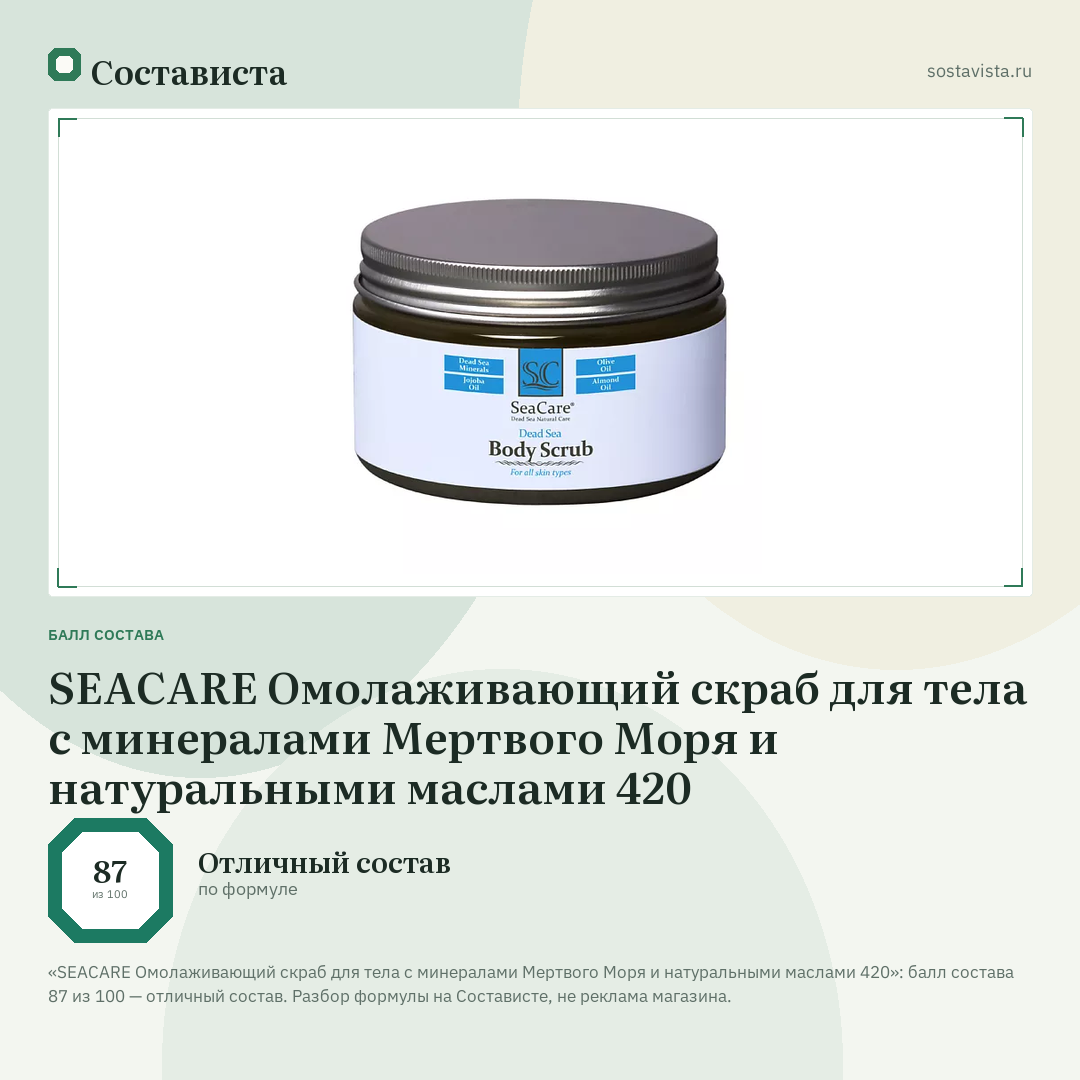SEACARE Омолаживающий скраб для тела с минералами Мертвого Моря и натуральными маслами 420: балл состава 87 из 100 — Состависта