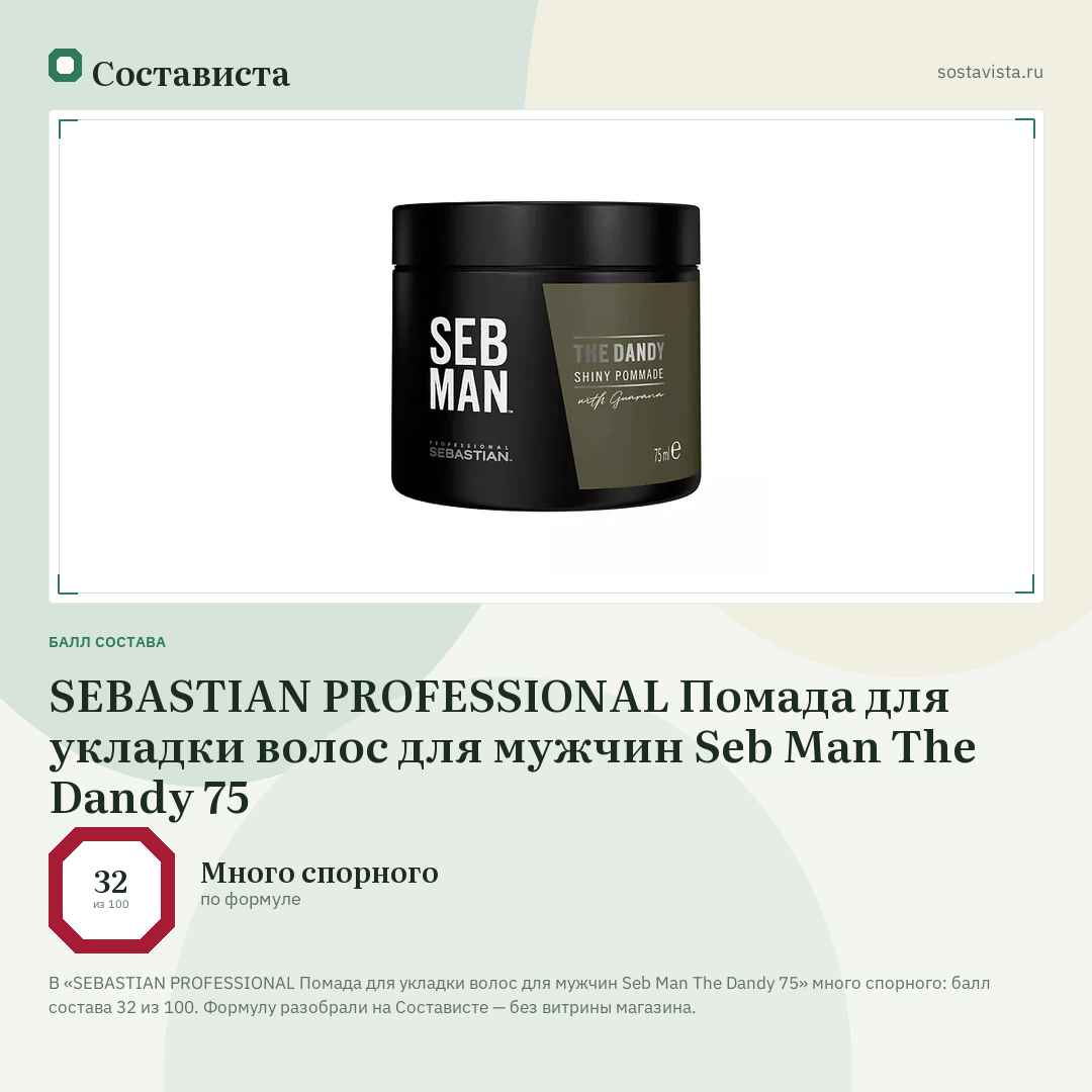 SEBASTIAN PROFESSIONAL Помада для укладки волос для мужчин Seb Man The Dandy 75: балл состава 32 из 100 — Состависта