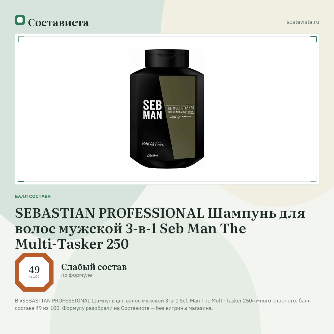 SEBASTIAN PROFESSIONAL Шампунь для волос мужской 3-в-1 Seb Man The Multi-Tasker 250: балл состава 49 из 100 — Состависта