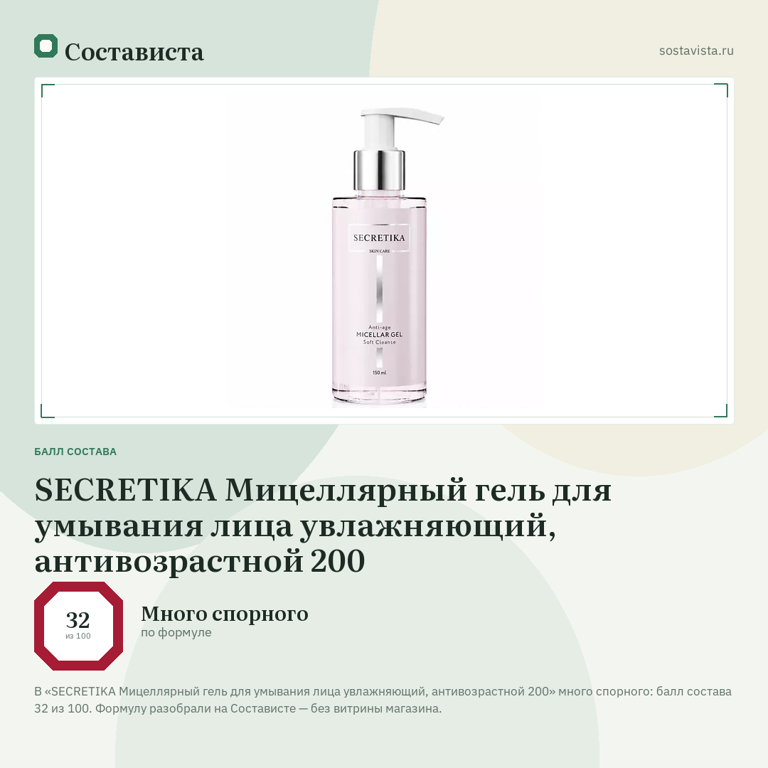 SECRETIKA Мицеллярный гель для умывания лица увлажняющий, антивозрастной 200: балл состава 32 из 100 — Состависта