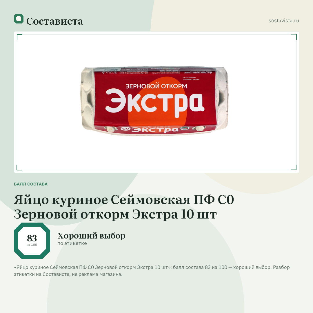 Яйцо куриное Сеймовская ПФ С0 Зерновой откорм Экстра 10 шт: балл состава 83 из 100 — Состависта