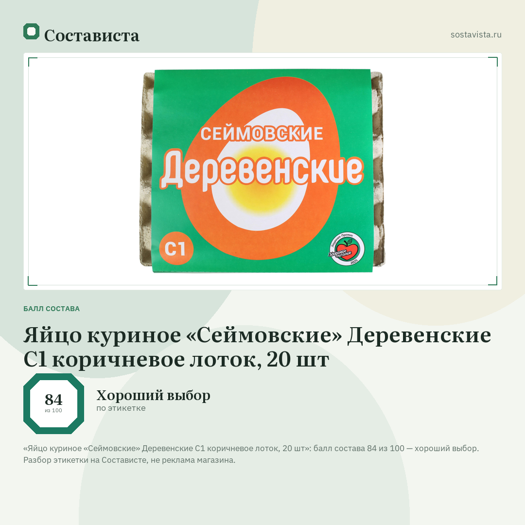Яйцо куриное «Сеймовские» Деревенские С1 коричневое лоток, 20 шт: балл состава 84 из 100 — Состависта