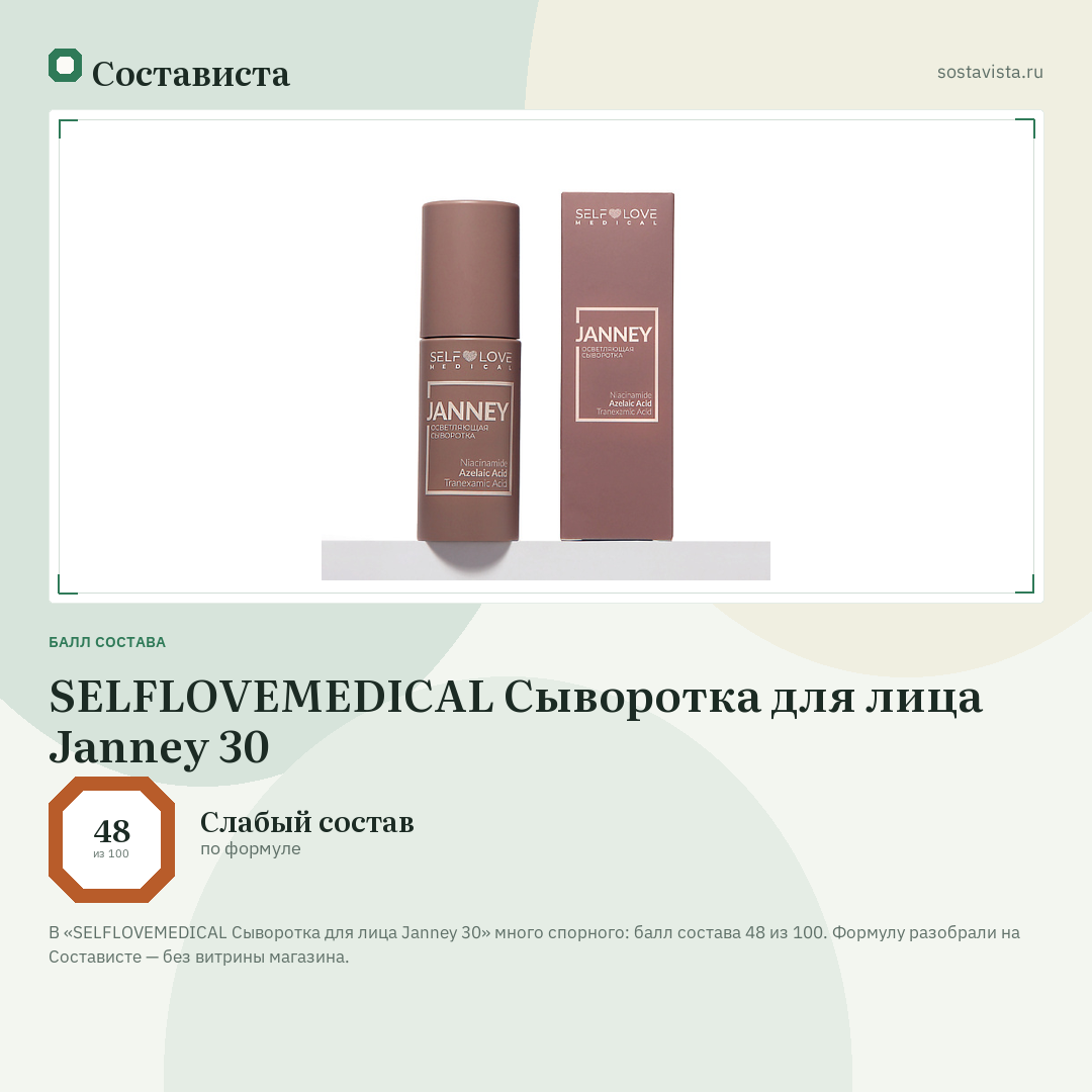 SELFLOVEMEDICAL Сыворотка для лица Janney 30: балл состава 48 из 100 — Состависта