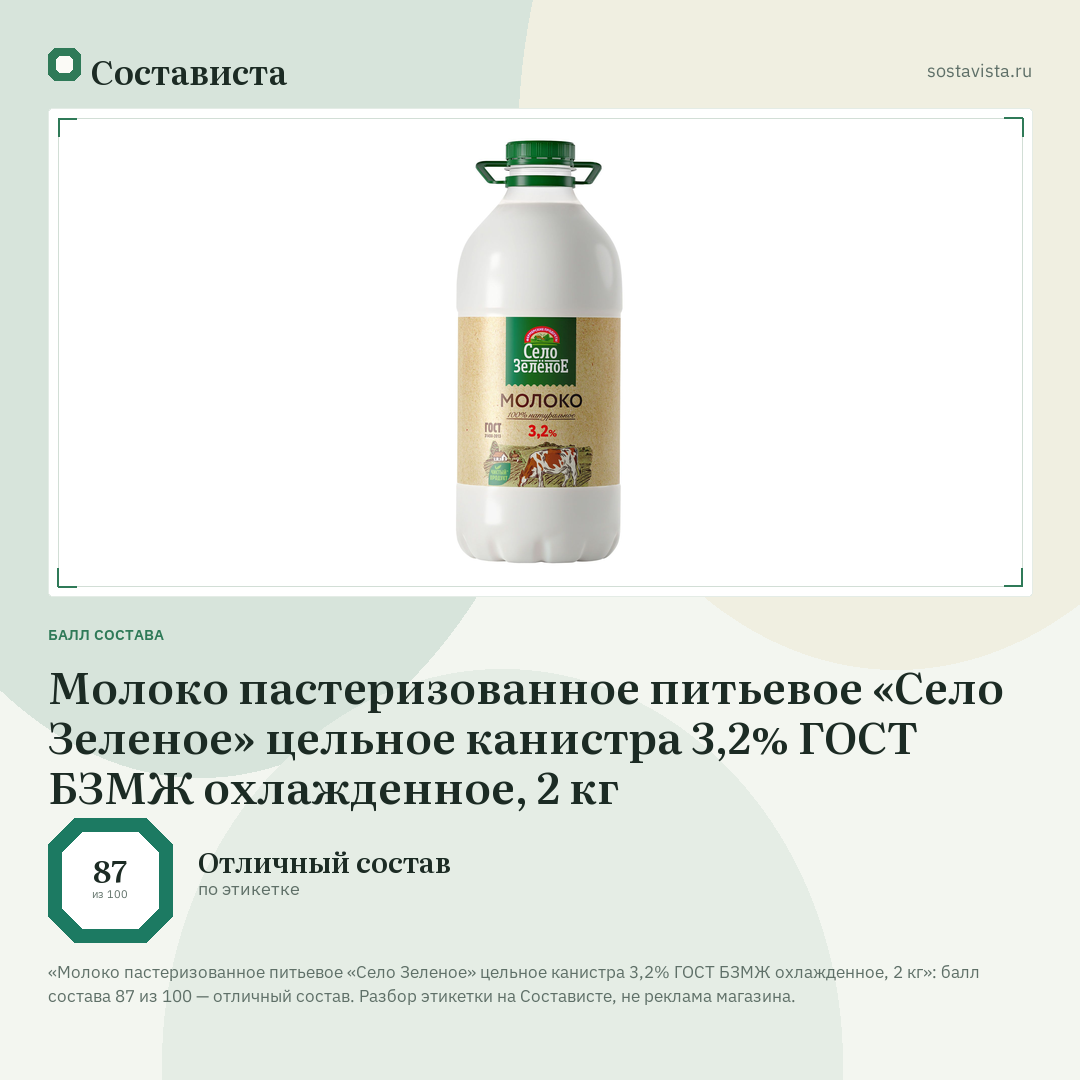 Молоко пастеризованное питьевое «Село Зеленое» цельное канистра 3,2% ГОСТ БЗМЖ охлажденное, 2 кг: балл состава 87 из 100 — Состависта