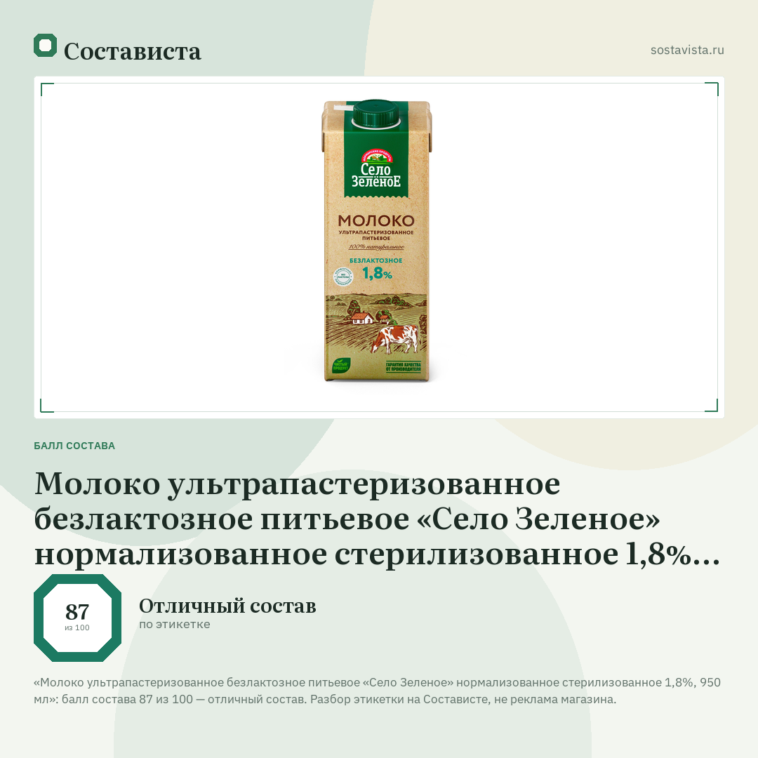 Молоко ультрапастеризованное безлактозное питьевое «Село Зеленое» нормализованное стерилизованное 1,8%, 950 мл: балл состава 87 из 100 — Состависта