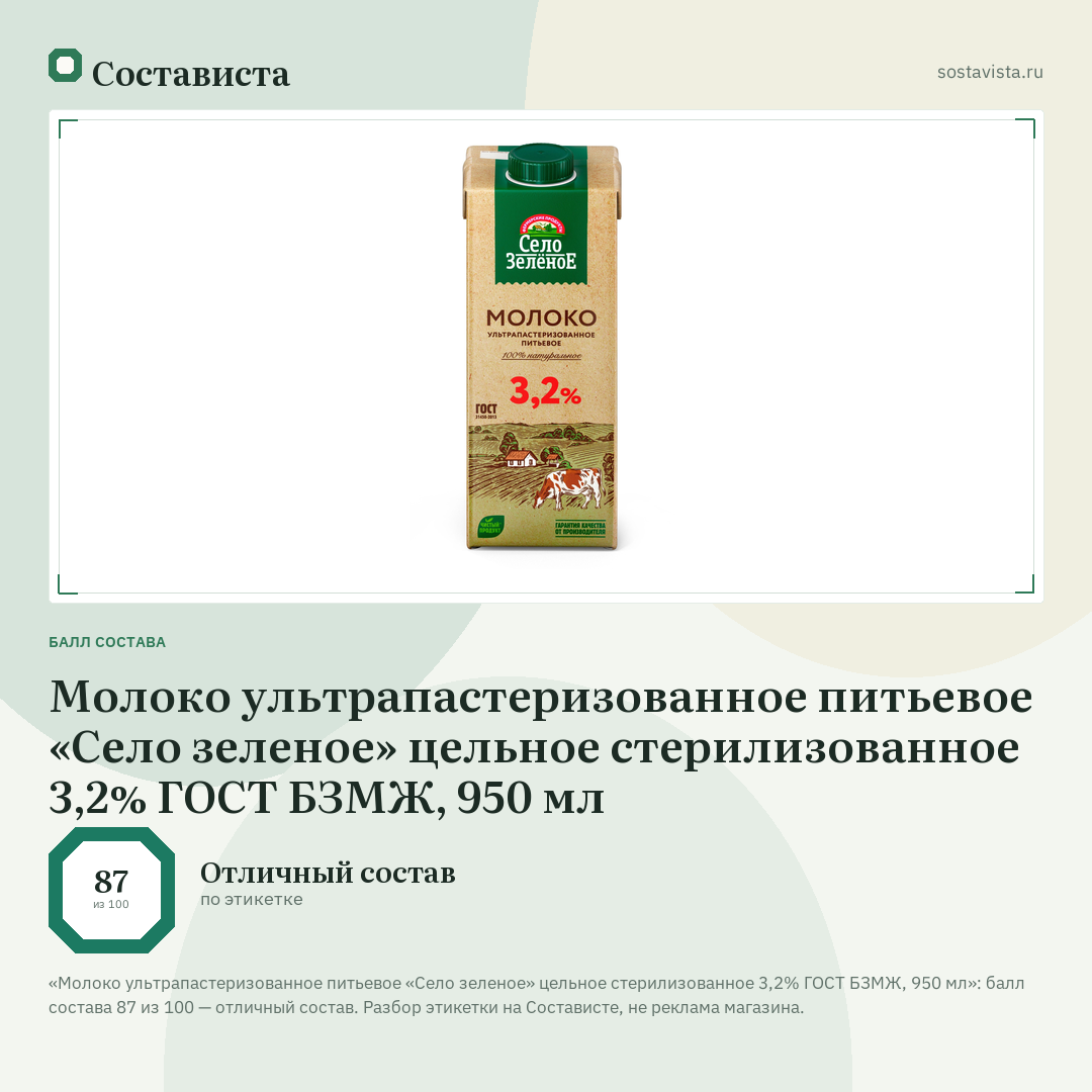 Молоко ультрапастеризованное питьевое «Село зеленое» цельное стерилизованное 3,2% ГОСТ БЗМЖ, 950 мл: балл состава 87 из 100 — Состависта