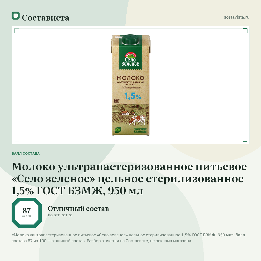 Молоко ультрапастеризованное питьевое «Село зеленое» цельное стерилизованное 1,5% ГОСТ БЗМЖ, 950 мл: балл состава 87 из 100 — Состависта