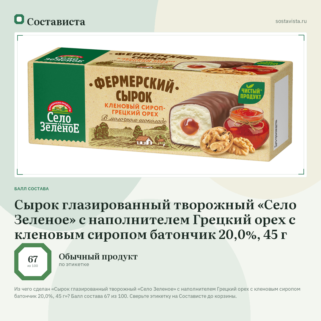 Сырок глазированный творожный «Село Зеленое» с наполнителем Грецкий орех с кленовым сиропом батончик 20,0%, 45 г: балл состава 67 из 100 — Состависта