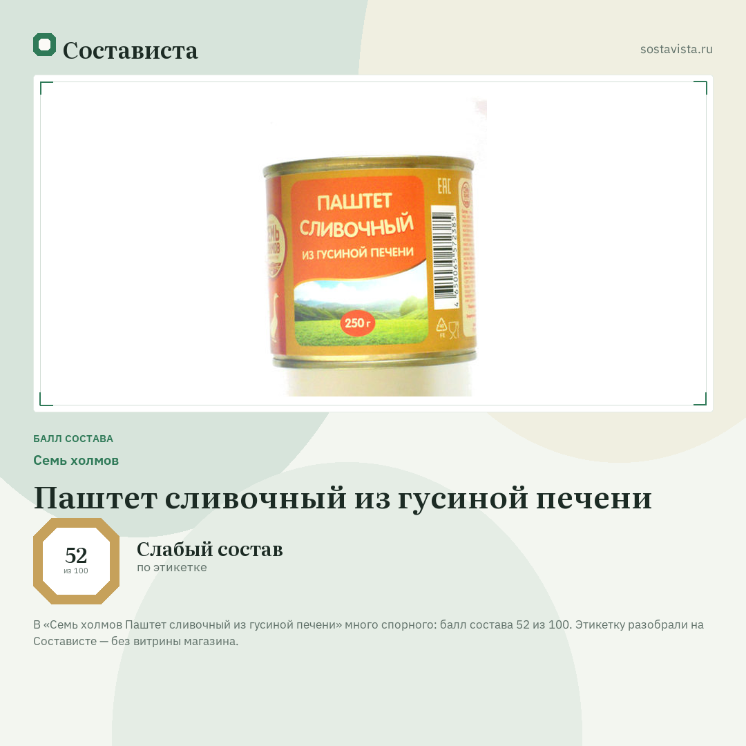 Семь холмов Паштет сливочный из гусиной печени: балл состава 52 из 100 — Состависта